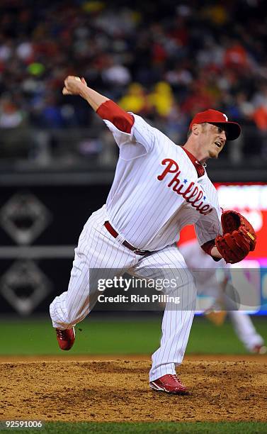 Brett Myers pitches during Game three of the 2009 MLB World Series at Citizens Bank Park on October 31, 2009 in Philadelphia, Pennsylvania.