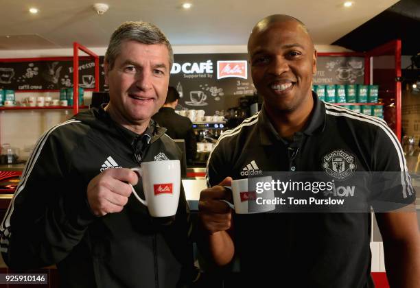 Club legends Denis Irwin and Quinton Fortune of Manchester United attend the launch of the Red Cafe supported by Melitta at Old Trafford on March 1,...