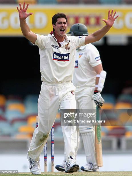 Ben Cutting of the Bulls appeals for a wicket during day one of the Sheffield Shield match between the Queensland Bulls and the Tasmanian Tigers at...