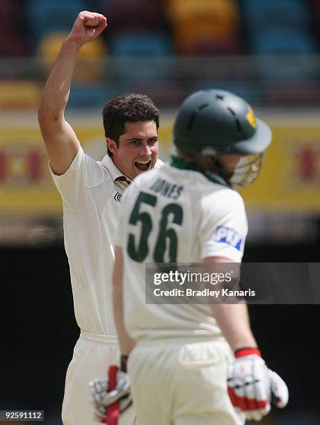 Ben Cutting of the Bulls celebrates after taking the wicket of Brady Jones of the Tigers during day one of the Sheffield Shield match between the...