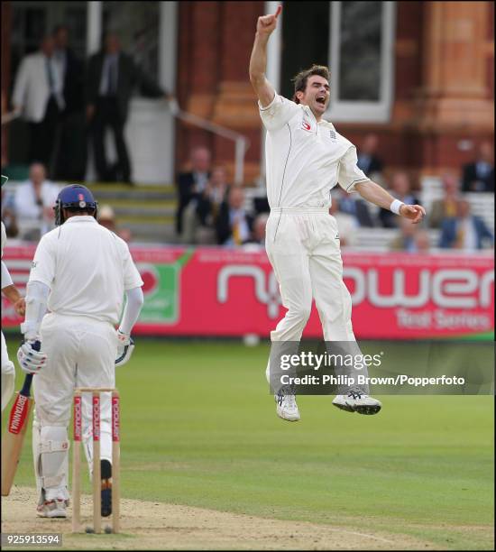 England bowler James Anderson celebrates as he gets the wicket of Indian batsman Rahul Dravid during the 1st Test match between England and India at...