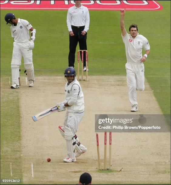 Sourav Ganguly of India is bowled by James Anderson of England during the 1st Test match between England and India at Lord's Cricket Ground, London,...