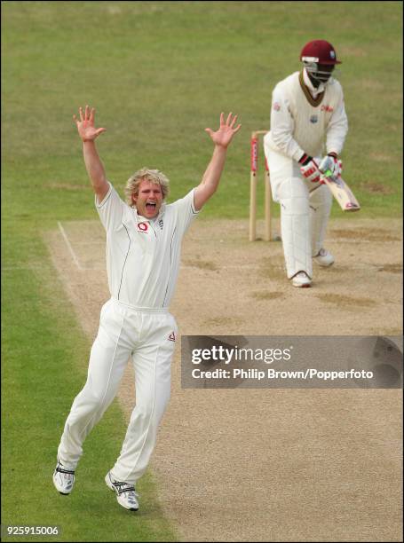 Matthew Hoggard of England appeals successfully for the wicket of West Indies batsman Devon Smith during the 4th Test match between England and West...