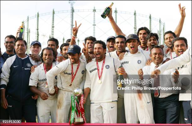 The India team celebrate winning the Pataudi Trophy at the end of the 3rd Test match between England and India at The Oval, London, 13th August 2007....