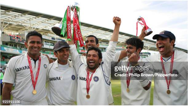 Anil Kumble, Rahul Dravid, Sachin Tendulkar, Zaheer Khan, S Sreesanth and VVS Laxman of India celebrate winning the Pataudi Trophy at the end of the...