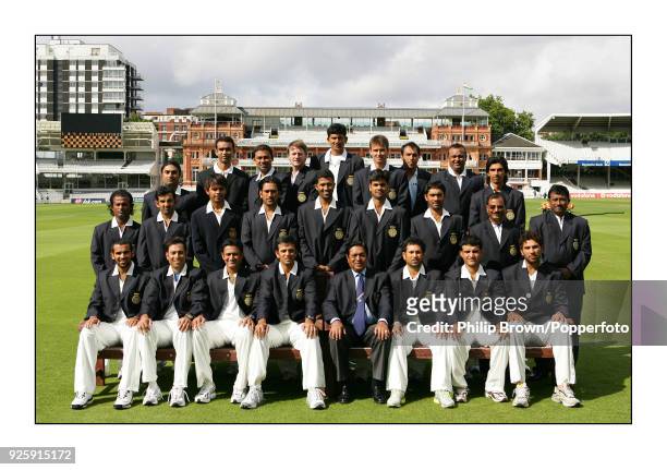 The India touring party line up for a team photograph on the outfield before the 1st Test match between England and India at Lord's Cricket Ground,...