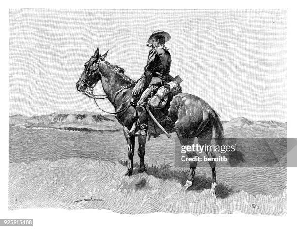 cowboy on his horse - early american western art stock illustrations