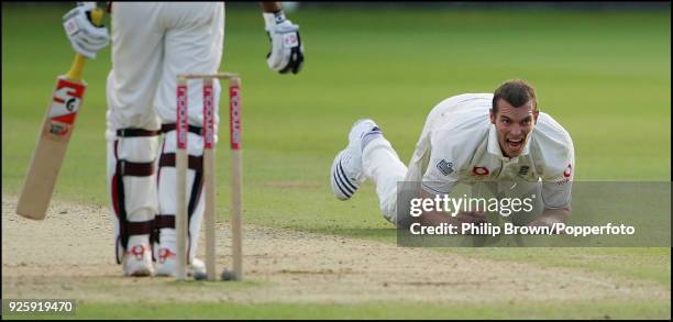 England bowler Chris Tremlett celebrates his first Test wicket, Wasim Jaffer of India caught and bowled for 58, during the 1st Test match between...