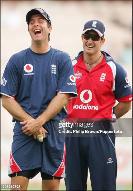 England captain Michael Vaughan laughs with teammate Andrew Strauss during a warmup session before the start of play on day two of the 3rd Test match...