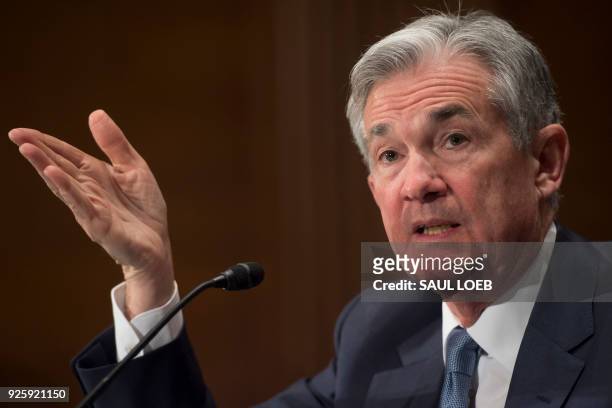 Federal Reserve Board Chairman Jerome Powell testifies during a Senate Banking, Housing and Urban Affairs Committee hearing on Capitol Hill in...