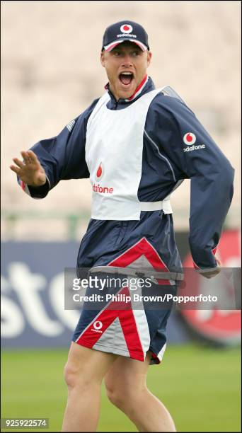 Andrew Flintoff of England warms up with a game of rugby during a training session before the 4th NatWest Series One Day International between...