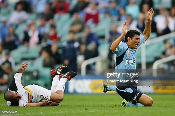 John Aloisi of Sydney is brought down by Emmanuel Muscat of the Phoenix during the round 13 A-League match between Sydney FC and the Wellington...