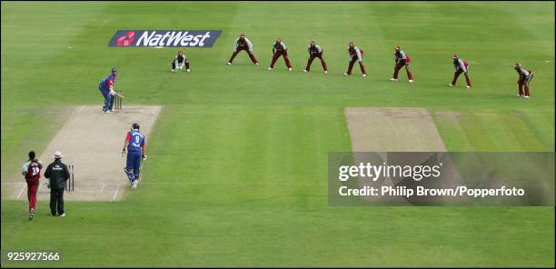 West Indies pack the slips as Daren Powell of West Indies bowls to England batsman Monty Panesar during the 3rd NatWest Series One Day International...