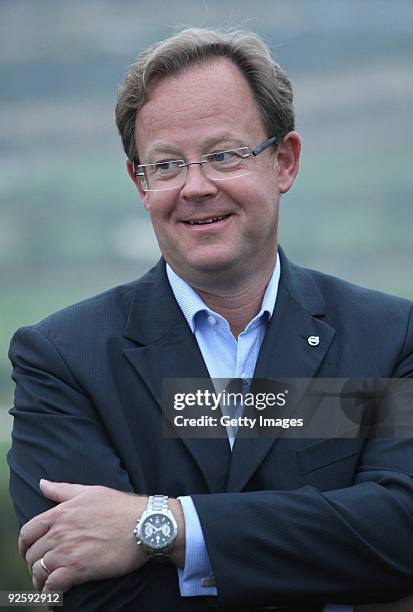 President & CEO of Volvo Event Management Per Ericsson looks on during the Final of the Volvo World Match Play Championship at Finca Cortesin on...