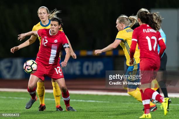 Magdalena Eriksson of Sweden women, Christine Sinclair of Canada women during the Algarve Cup 2018 match between Canada and Sweden at the Estadio...