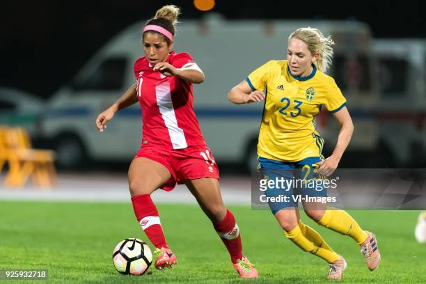Desiree Scott of Canada women, Elin Rubensson of Sweden women during the Algarve Cup 2018 match between Canada and Sweden at the Estadio Municipal da...