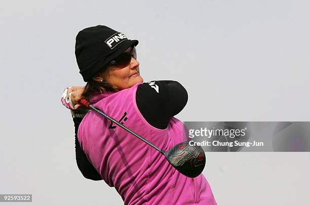 Maria Hjorth of Sweden hits a teeshot on the the 9th hole during final round of Hana Bank Kolon Championship at Sky 72 Golf Club on November 1, 2009...