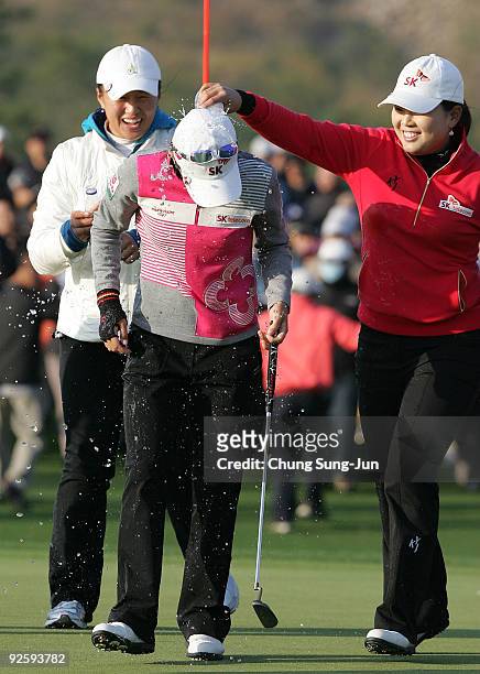 Na-Yeon Choi celebrates with Inbee Park after the winning of the Hana Bank Kolon Championship at Sky 72 Golf Club on November 1, 2009 in Incheon,...