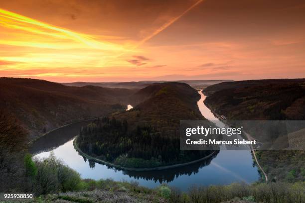 big saar loop at sunrise, near mettlach, saarland, germany - mettlach stock pictures, royalty-free photos & images