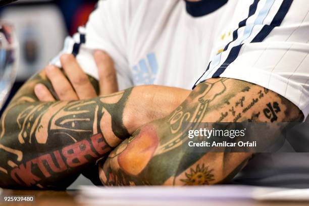 Detail of Jorge Sampaoli coach of Argentina tattoos during a press conference at 'Julio Humberto Grondona' training camp on March 01, 2018 in Ezeiza,...