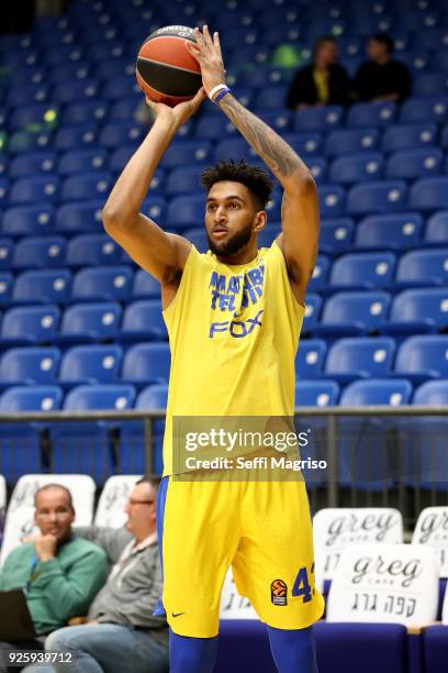 Jonah Bolden, #43 of Maccabi Fox Tel Aviv warming up during the 2017/2018 Turkish Airlines EuroLeague Regular Season Round 24 game between Maccabi...