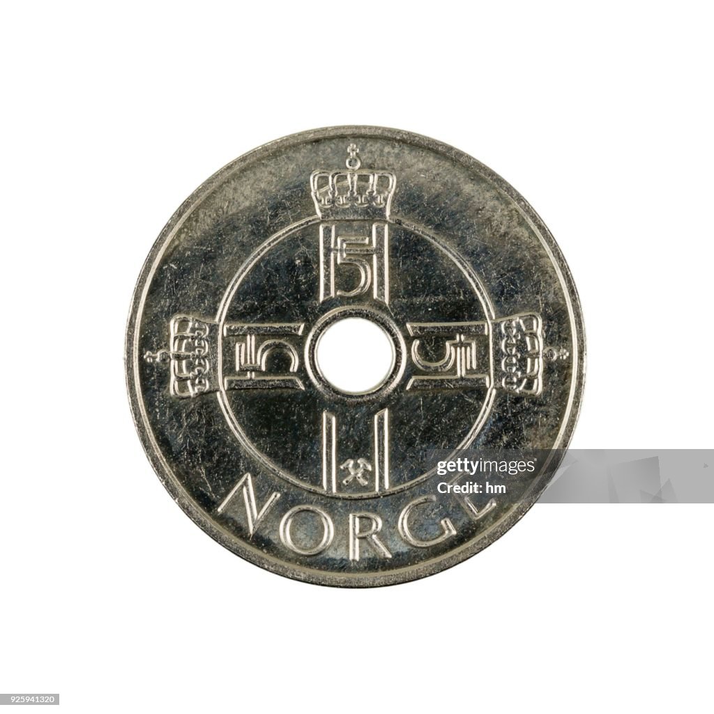 Norwegian krone coin, minted in 2010, on white background