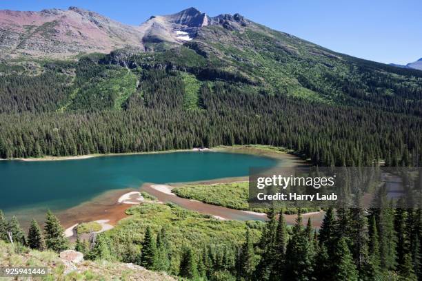 view from the grinnell glacier trail on josephine lake, many glacier area, glacier national park, rocky mountains, montana, usa - grinnell lake bildbanksfoton och bilder