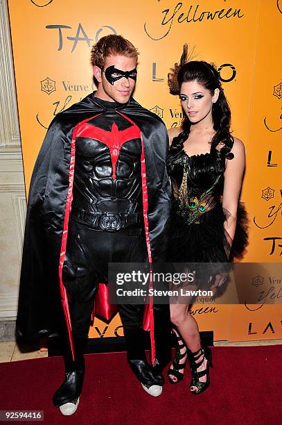 Actor Kellan Lutz and actress Ashley Greene from the "Twilight" movie series arrive at Veuve Clicquot's Yelloween at TAO Nightclub at the Venetian...