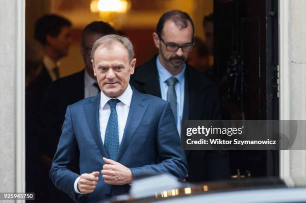 President of the European Council Donald Tusk leaves 10 Downing Street in central London after Brexit talks with British Prime Minister Theresa May....