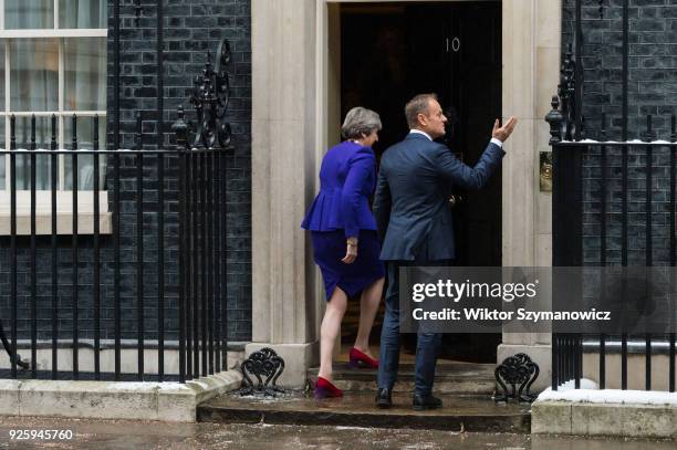 British Prime Minister Theresa May meets President of the European Council Donald Tusk at Downing Street in central London to discuss Brexit and the...