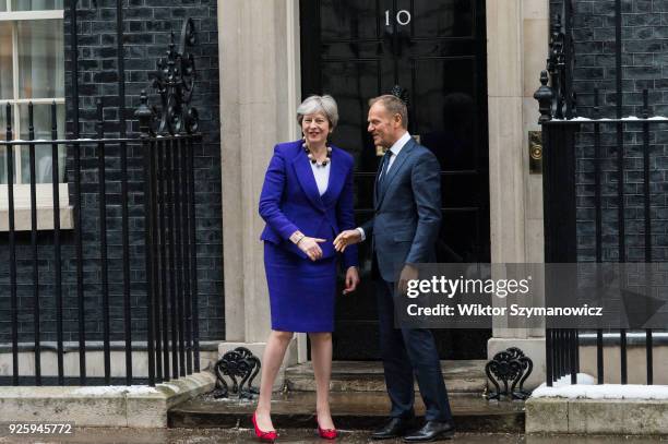 British Prime Minister Theresa May meets President of the European Council Donald Tusk at Downing Street in central London to discuss Brexit and the...