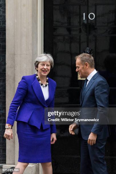 British Prime Minister Theresa May meets President of the European Council Donald Tusk at Downing Street in central London to discuss Brexit and the...