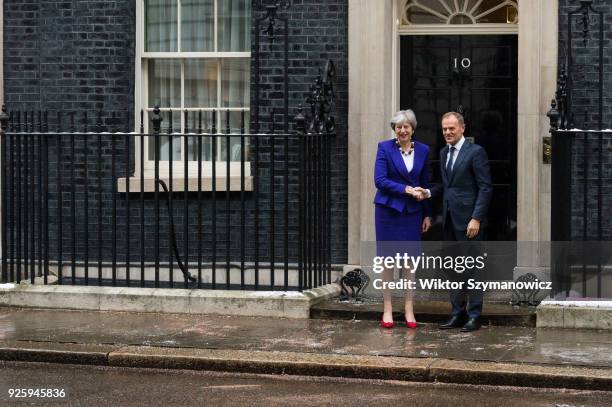 British Prime Minister Theresa May meets President of the European Council Donald Tusk at Downing Street in central London to discuss Brexit and the...