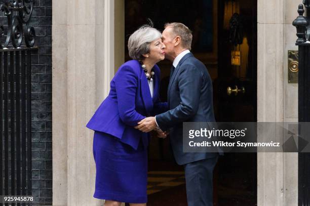 British Prime Minister Theresa May meets President of the European Council Donald Tusk at Downing Street in central London to discuss Brexit and the...