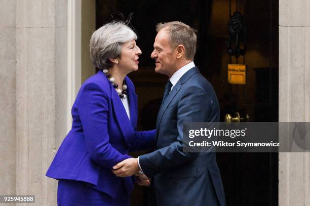 British Prime Minister Theresa May meets President of the European Council Donald Tusk at Downing Street in central London to discuss Brexit and the...