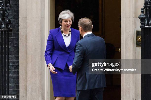 British Prime Minister Theresa May meets President of the European Council Donald Tusk at Downing Street in central London to discuss Brexit and the...