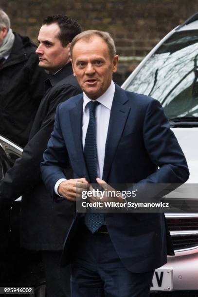 President of the European Council Donald Tusk arrives at Downing Street in central London for Brexit talks with British Prime Minister Theresa May....