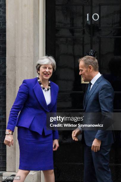 British Prime Minister Theresa May meets President of the European Council Donald Tusk at Downing Street in central London to discuss Brexit and the...