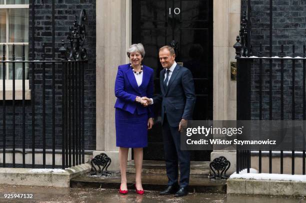 British Prime Minister Theresa May meets President of the European Council Donald Tusk at Downing Street in central London to discuss Brexit and the...