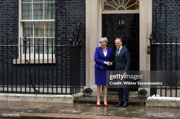 British Prime Minister Theresa May meets President of the European Council Donald Tusk at Downing Street in central London to discuss Brexit and the...