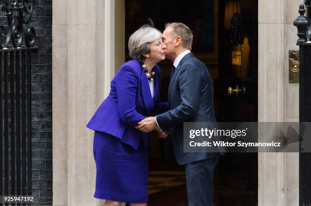 British Prime Minister Theresa May meets President of the European Council Donald Tusk at Downing Street in central London to discuss Brexit and the...