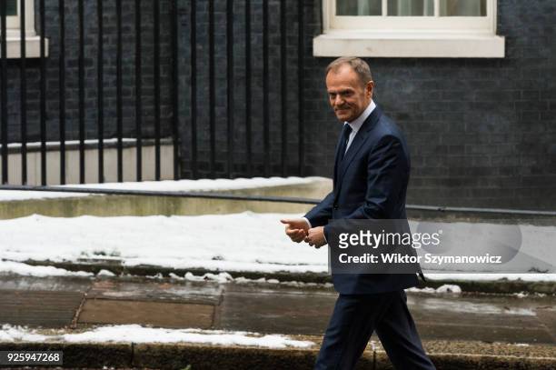 President of the European Council Donald Tusk arrives at Downing Street in central London for Brexit talks with British Prime Minister Theresa May....