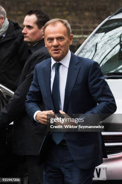 President of the European Council Donald Tusk arrives at Downing Street in central London for Brexit talks with British Prime Minister Theresa May....