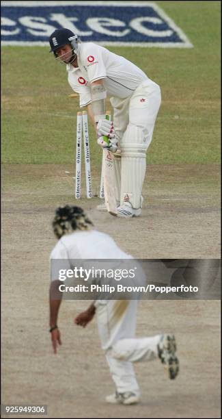 Lasith Malinga of Sri Lanka bowls Matthew Hoggard of England to win the 1st Test match between Sri Lanka and England by 88 runs at Asgiriya Stadium,...