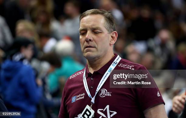 Alfred Gislason, head coach of Kiel reacts during the DKB HBL Bundesliga match between THW Kiel and MT Melsungen at Sparkassen Arena on March 1, 2018...