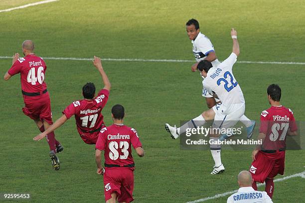 Diego Milito of Inter Milan scores the first goal during the Serie A match between AS Livorno Calcio and FC Internazionale Milano at Stadio Armando...