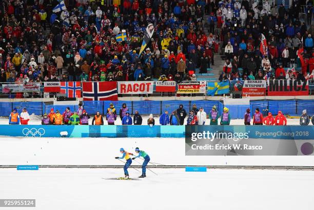 Winter Olympics: View of Team France Coraline Thomas Hugue and Anouk Faivre Picon in action during Women's 4X5KM Relay at Alpensia Cross-Country...