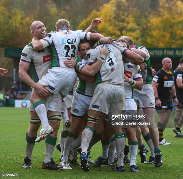 Leeds celebrate their victory at the final whistle in the Guinness Premiership match between London Wasps and Leeds Carnegie at Adams Park on...