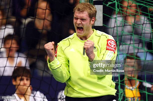 Johannes Bitter, goalkeeper of Germany celebrates during the Supercup 2009 game between Germany and Denmark at the TUI Arena on November 1, 2009 in...