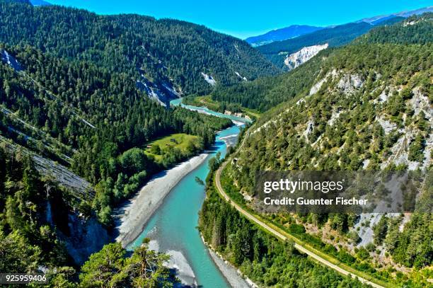 rhine, rhine gorge with anterior rhine between reichenau and ilanz, canton of graubuenden, switzerland - graubunden canton stock pictures, royalty-free photos & images